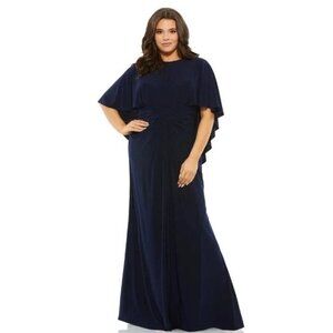 Mac Duggal Jersey Cape A Line Maxi Evening Gown Dress Navy Blue Sz 14W NWT 67929